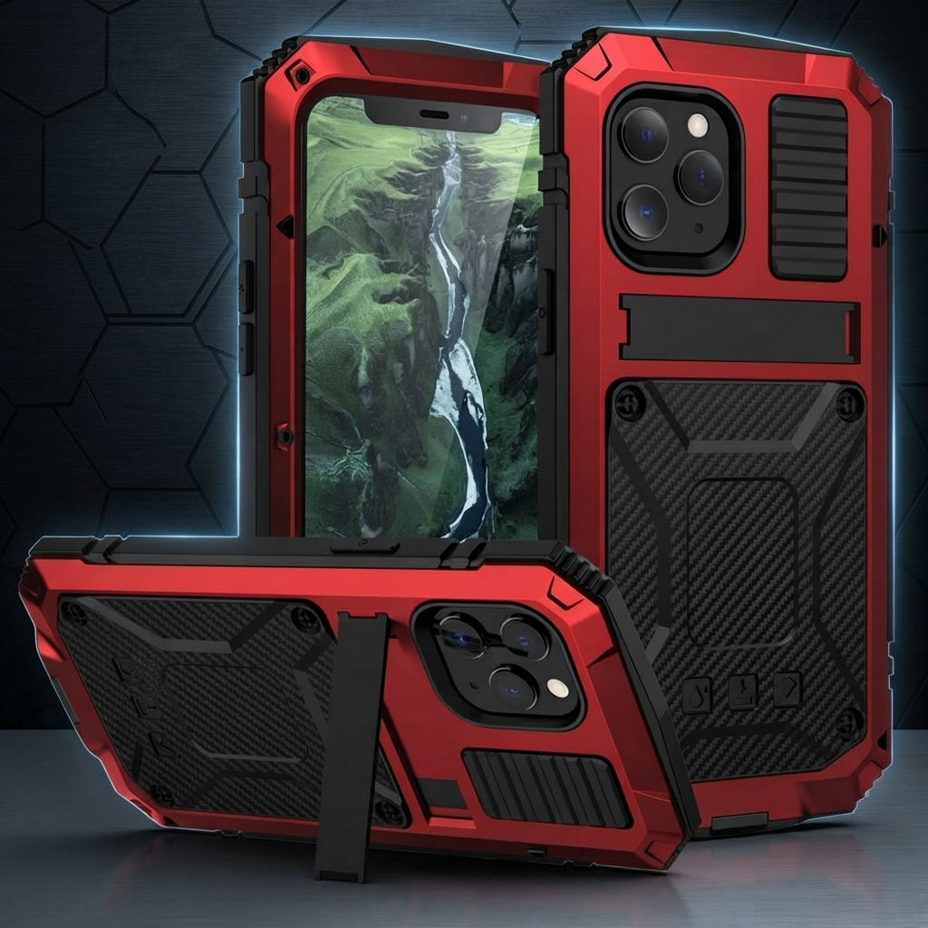 Phone Case With Tempered Glass Screen And Metal Frame - red