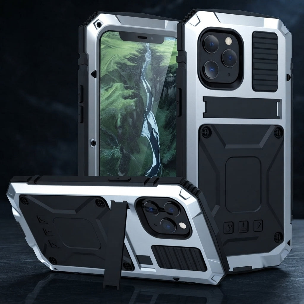 Phone Case With Tempered Glass Screen And Metal Frame - silver