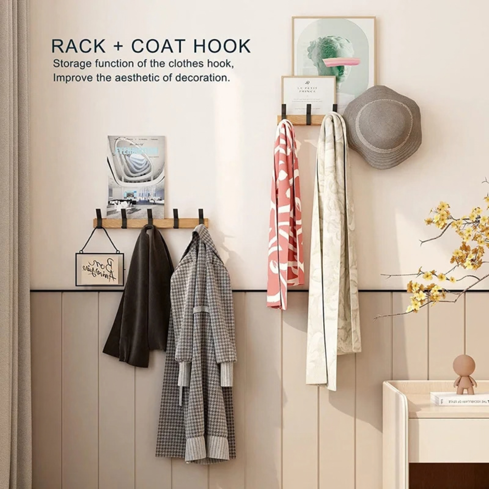 Wall Hanger With Wood Frame And Adjustable Hooks