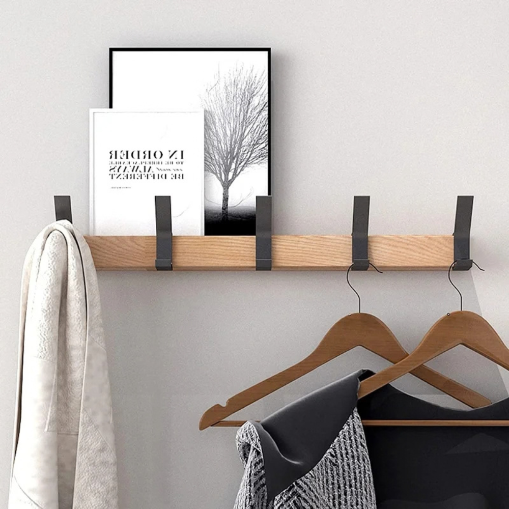 Wall Hanger With Wood Frame And Adjustable Hooks