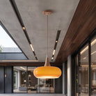 Wood pendant light fixture with dome shade - orange