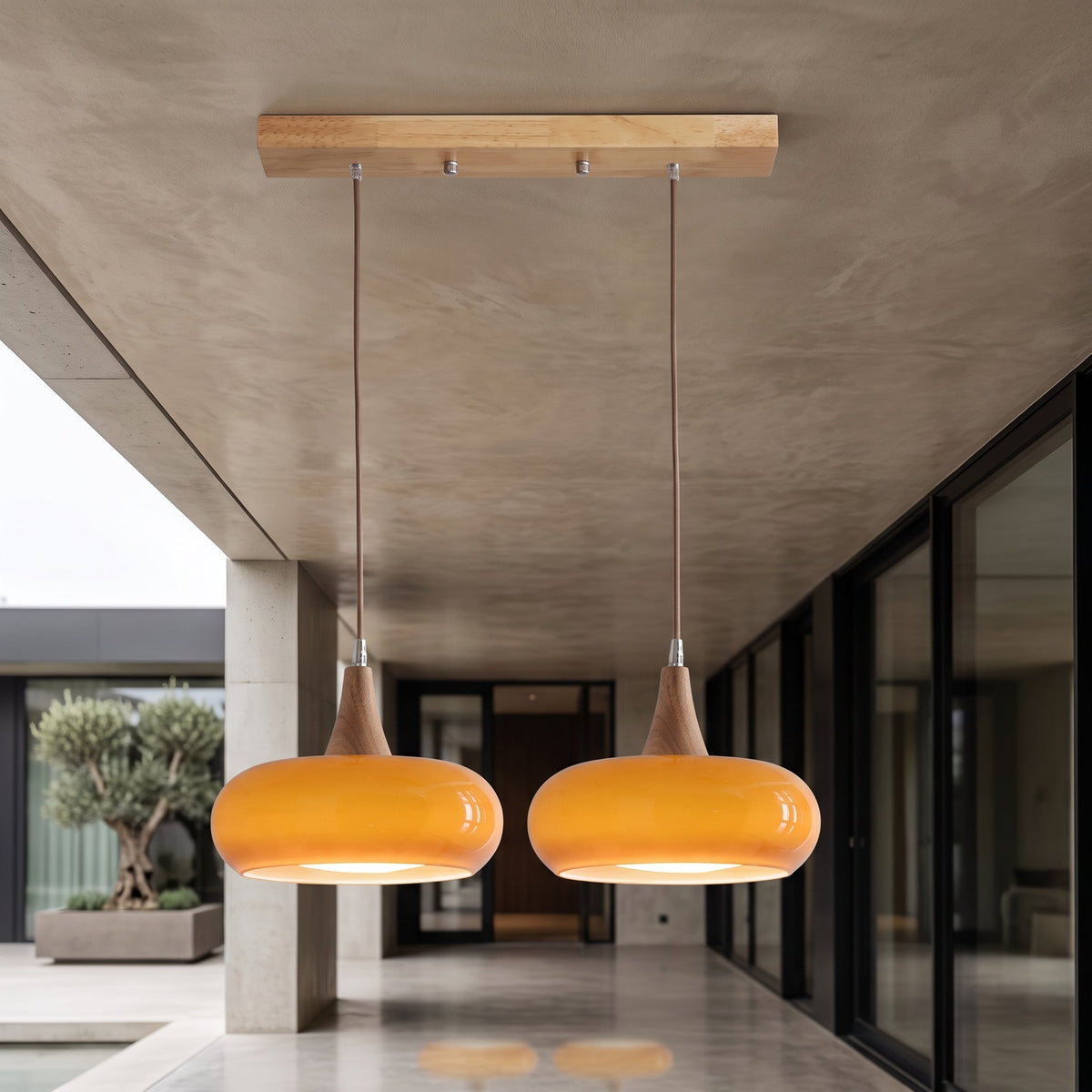 Wood pendant light fixture with dome shade - orange