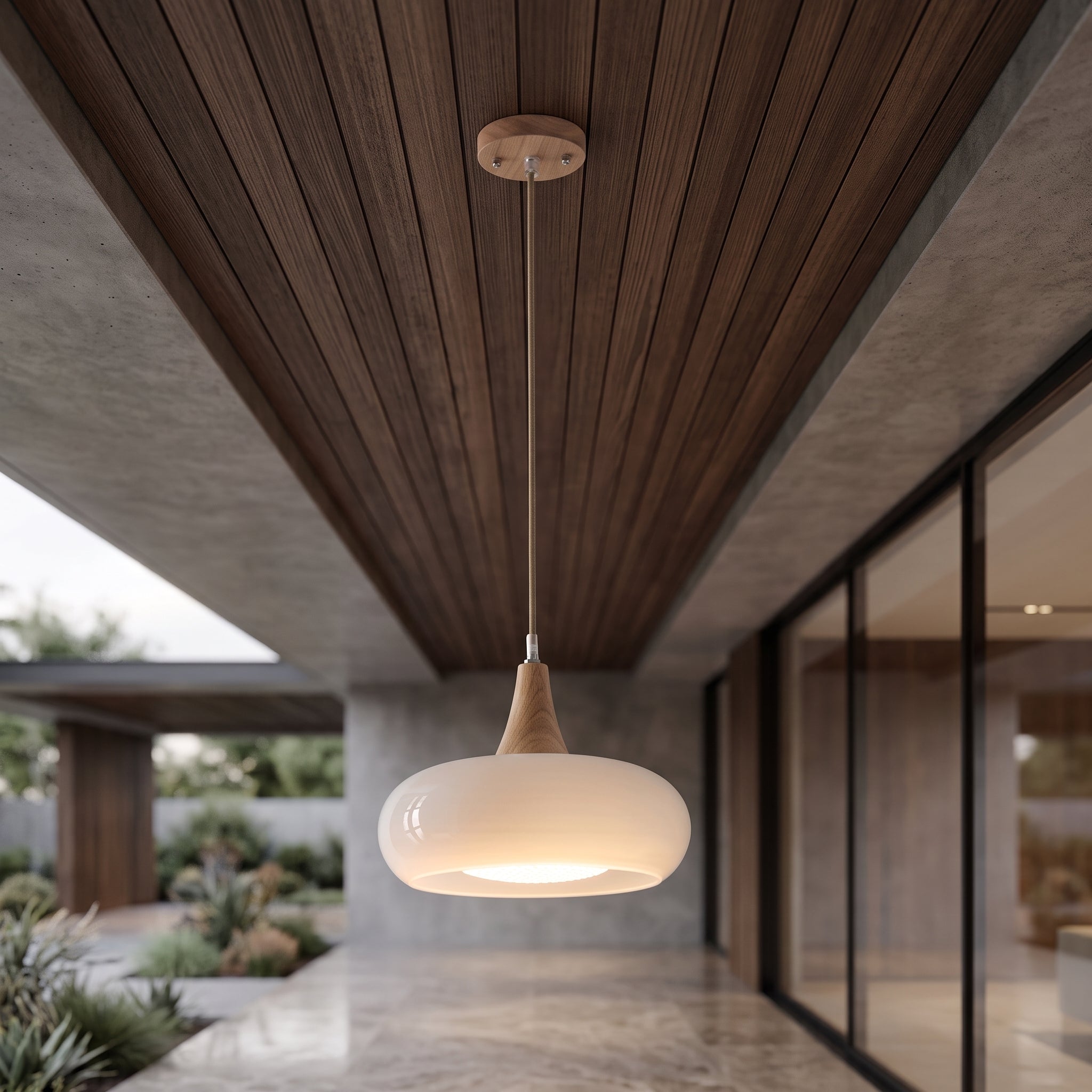 Wood pendant light fixture with dome shade - white