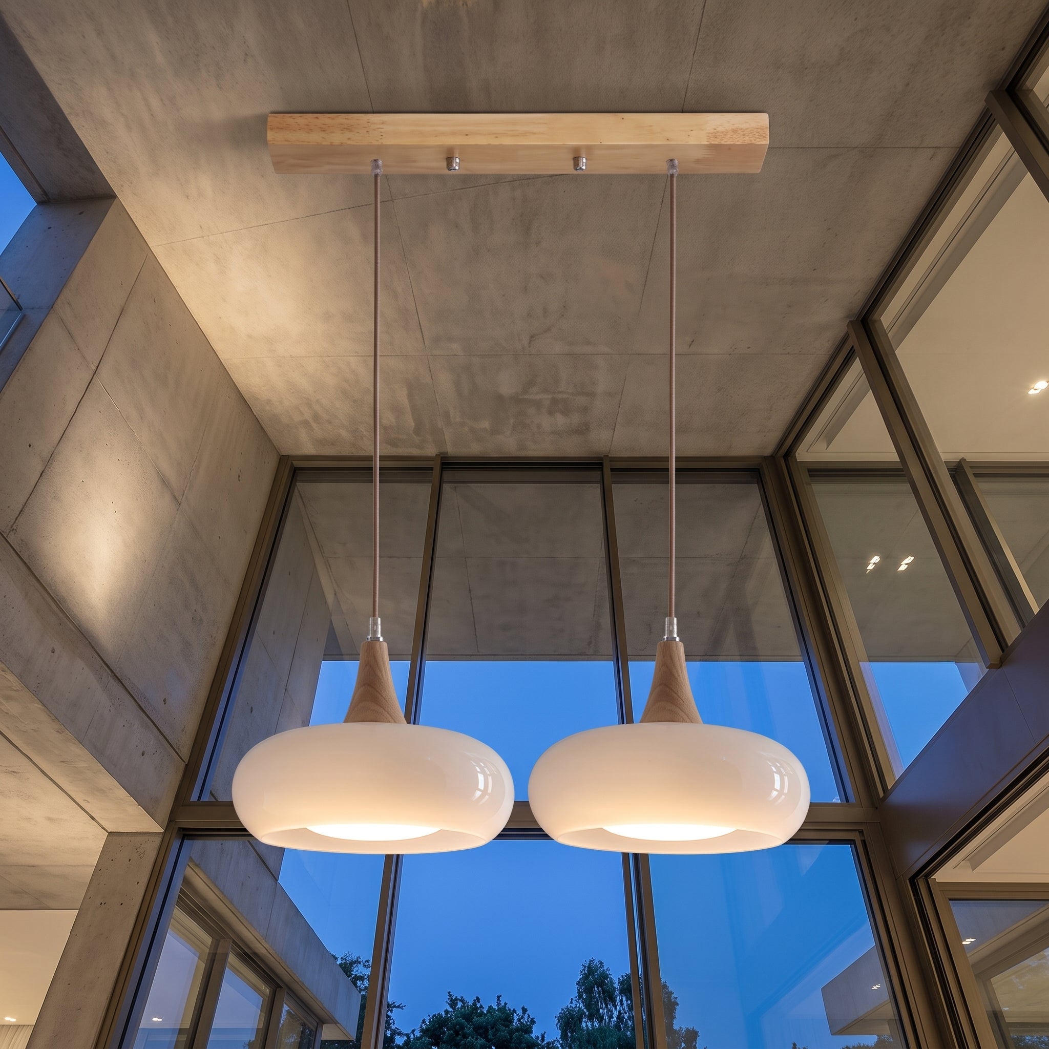 Wood pendant light fixture with dome shade - white