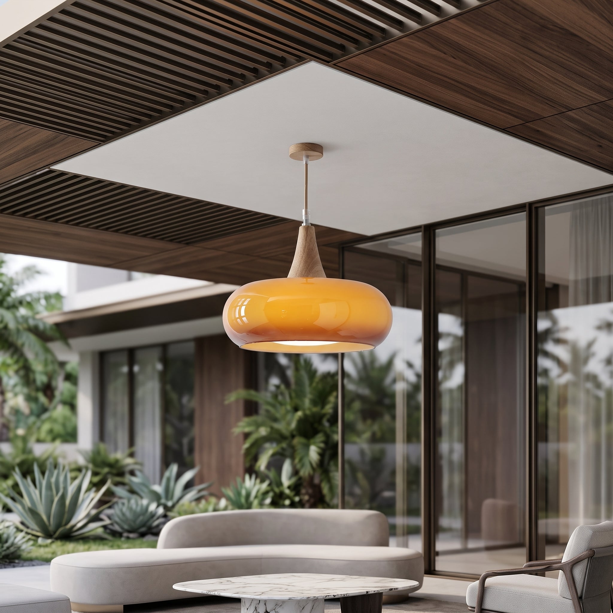 Wood pendant light fixture with dome shade