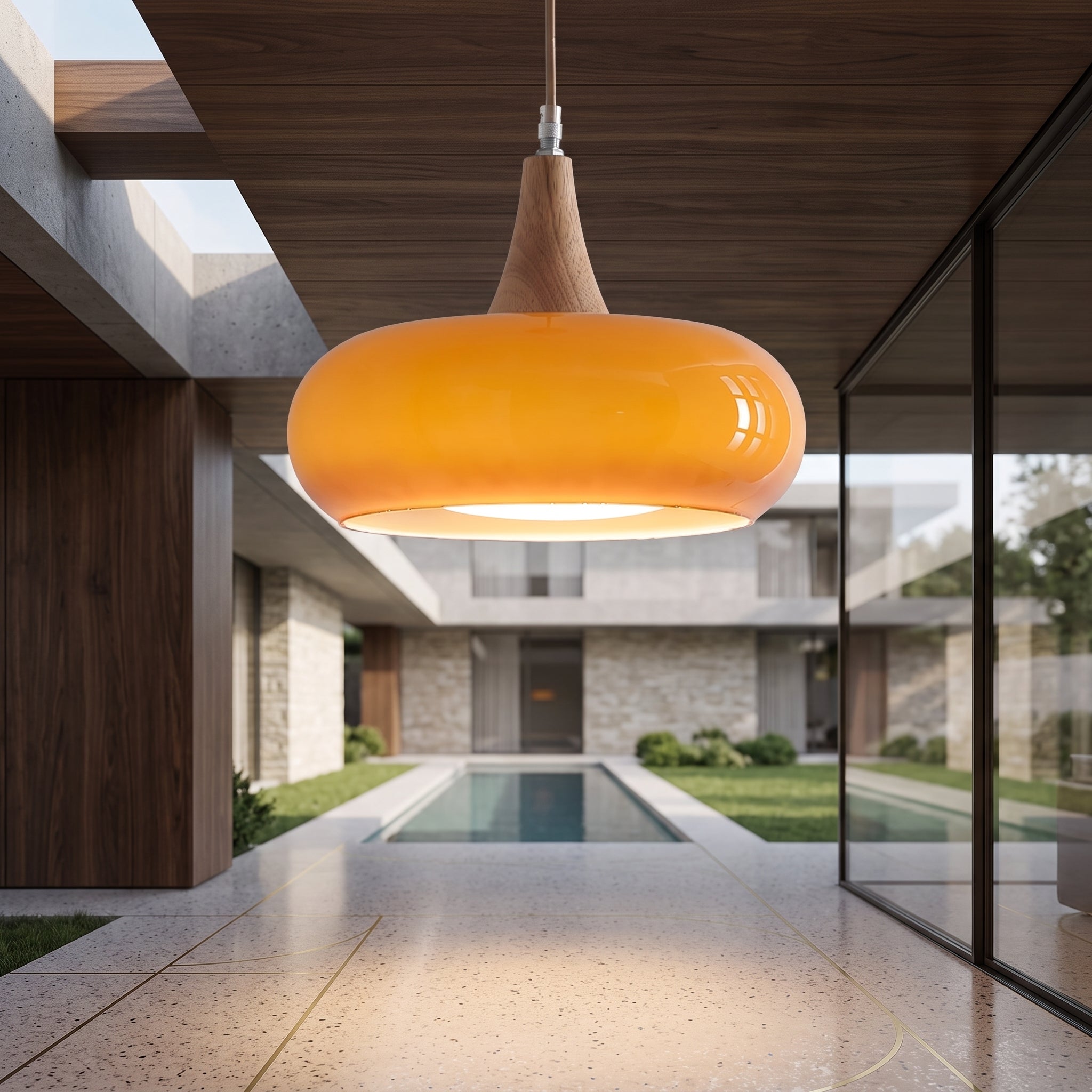 Wood pendant light fixture with dome shade