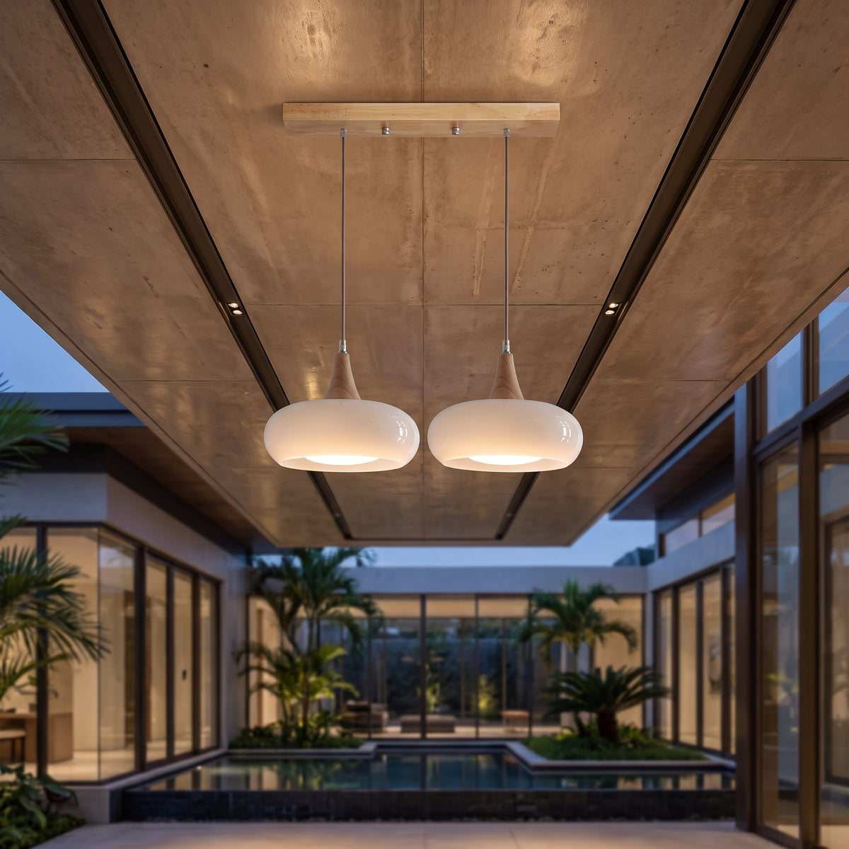 Wood pendant light fixture with dome shade