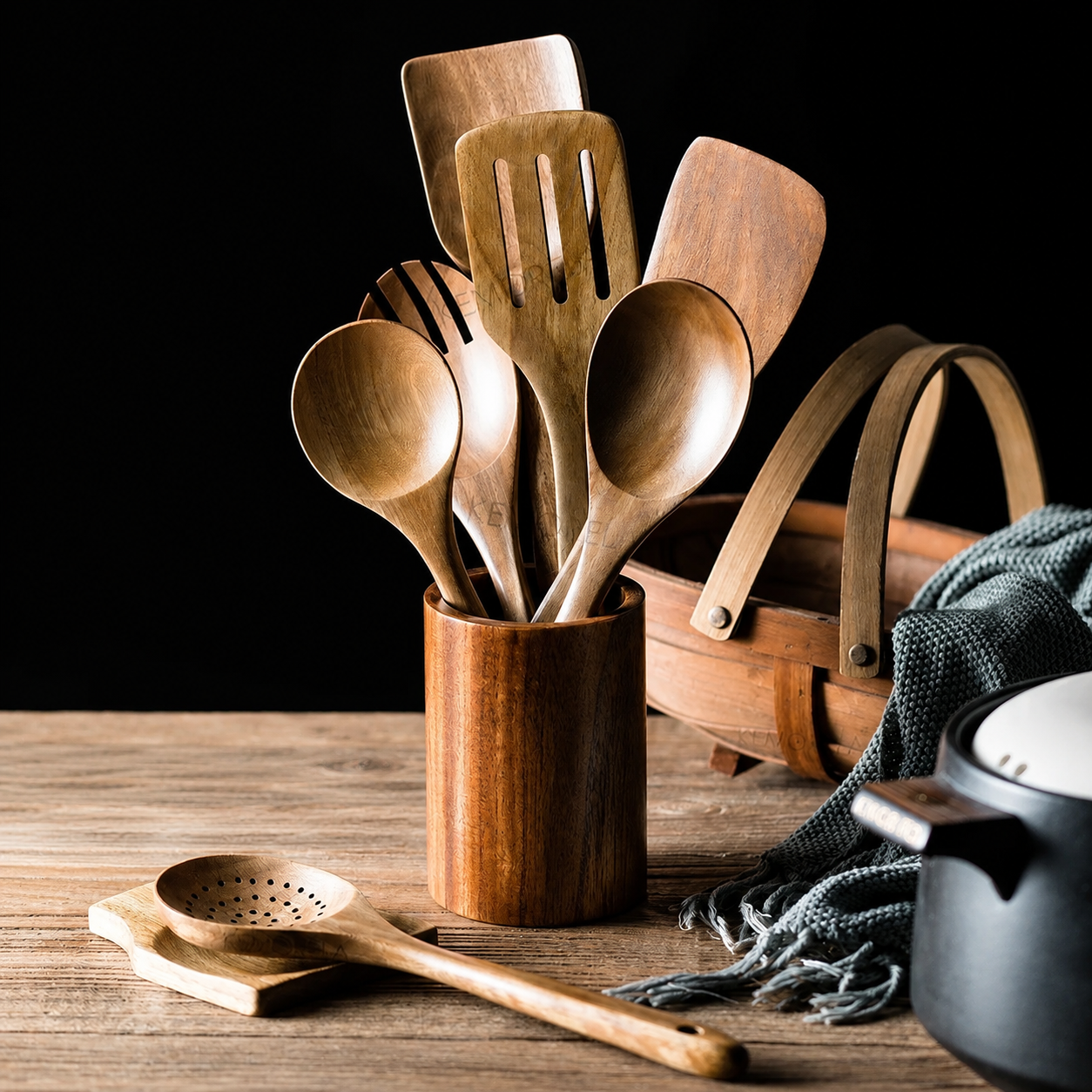 Wooden Kitchen Utensil Set with Holder