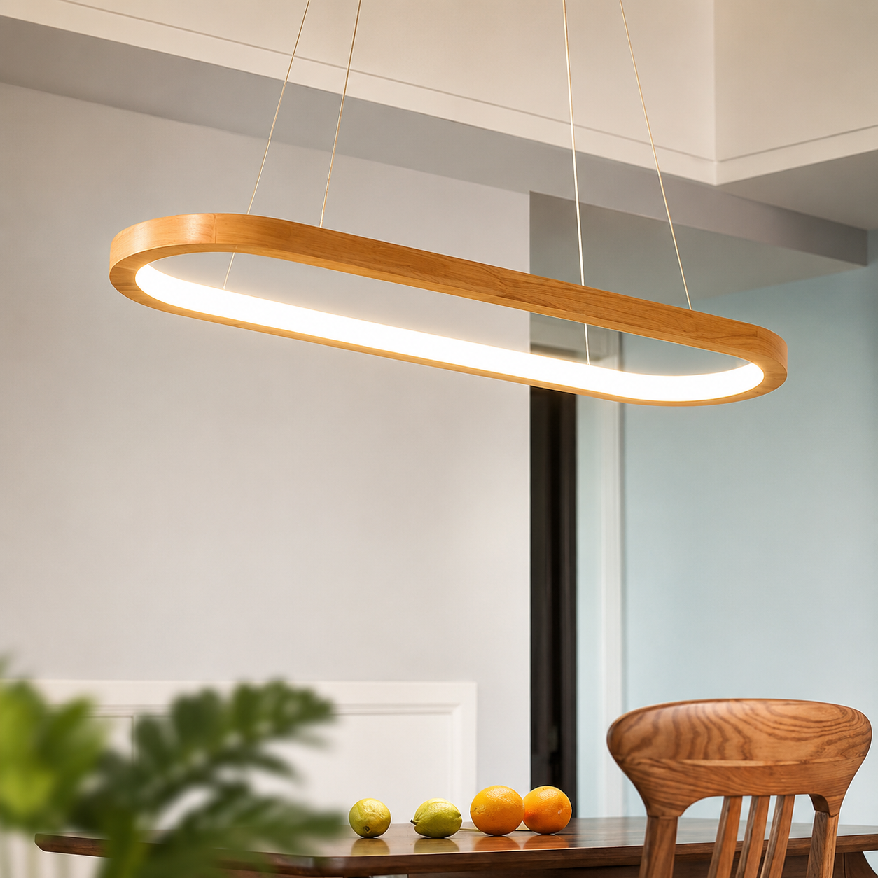 Oval wooden pendant light fixture