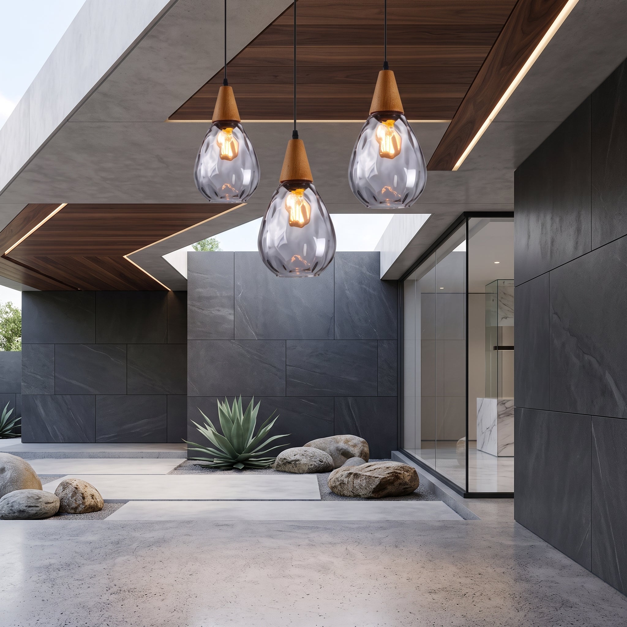 Glass pendant light with ripple texture - clear