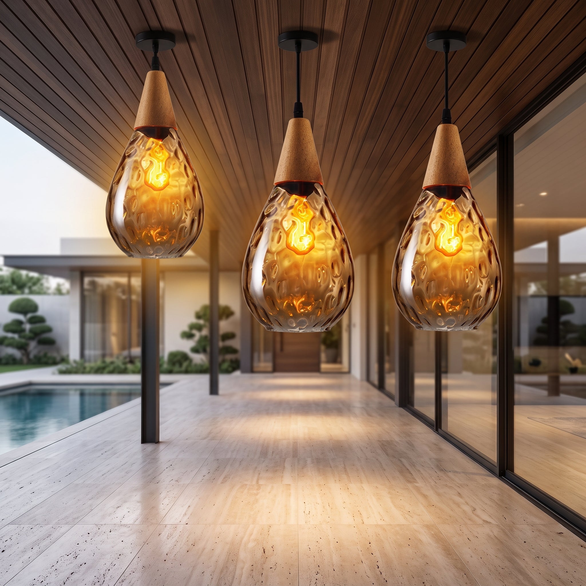 Glass pendant light with ripple texture - amber