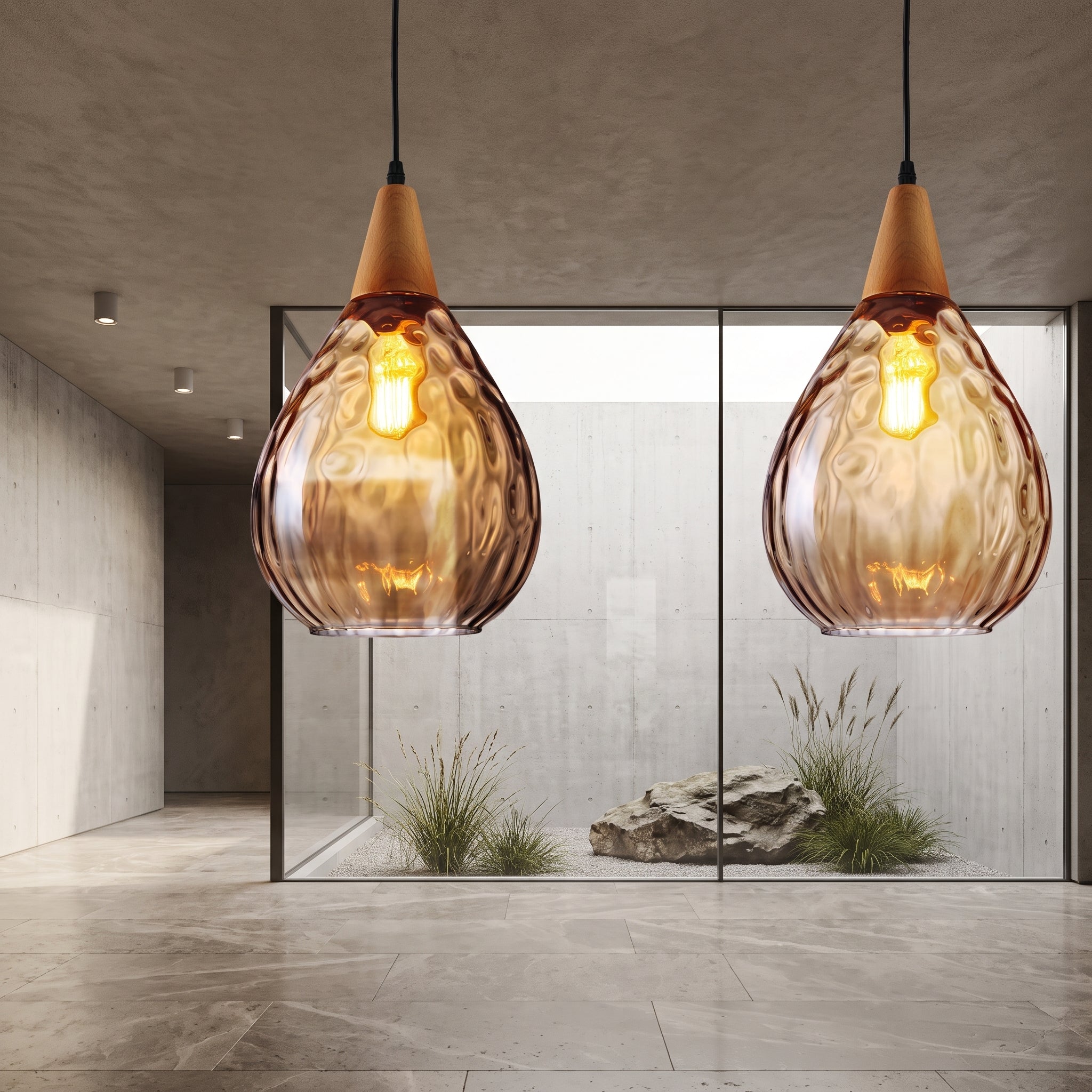 Glass pendant light with ripple texture - amber
