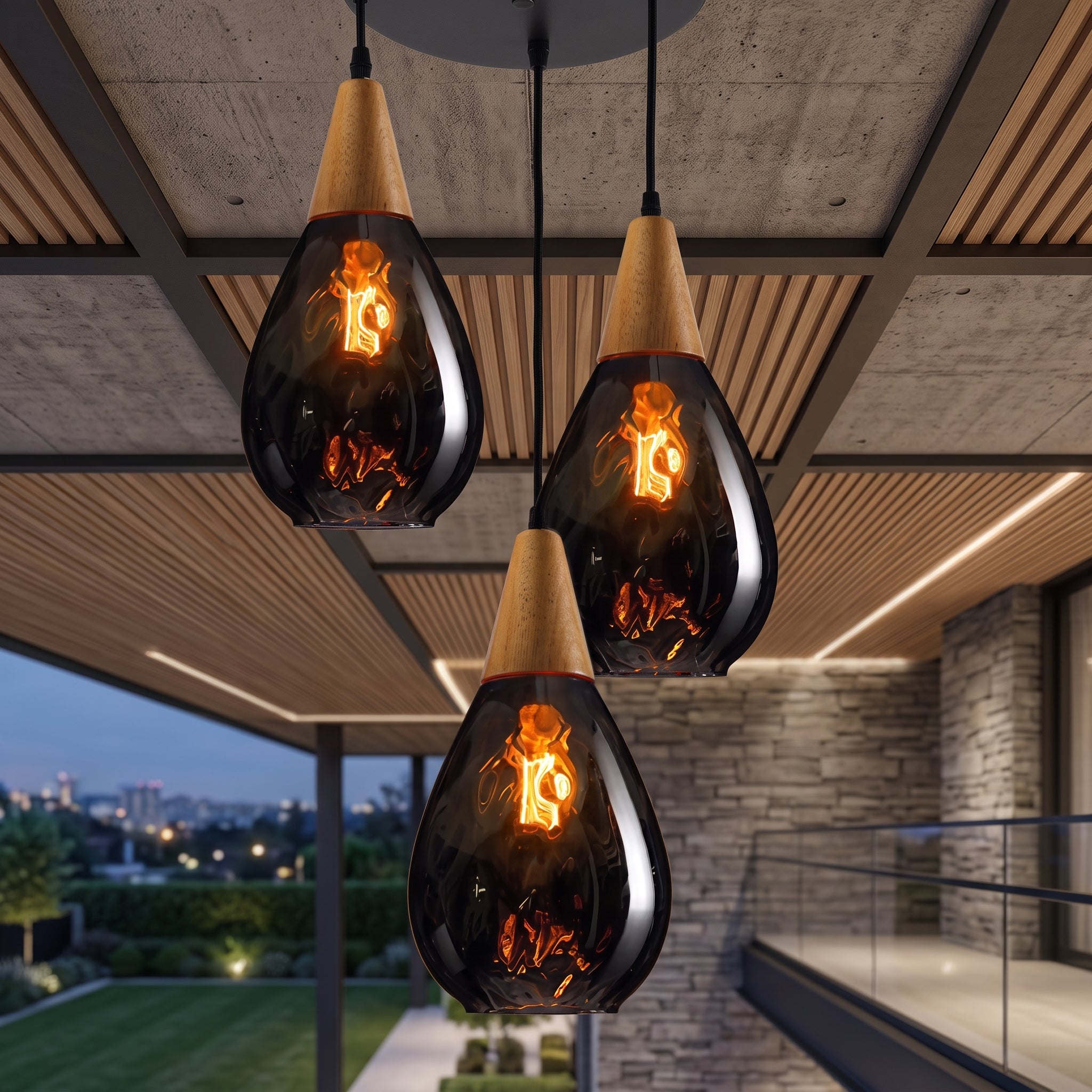 Glass pendant light with ripple texture - smoke gray
