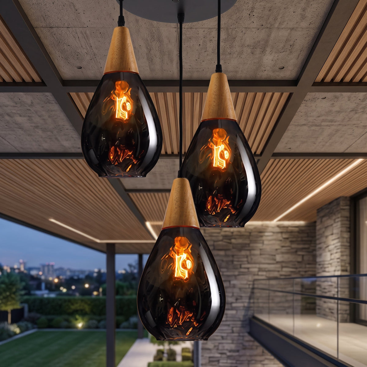 Glass pendant light with ripple texture - smoke gray