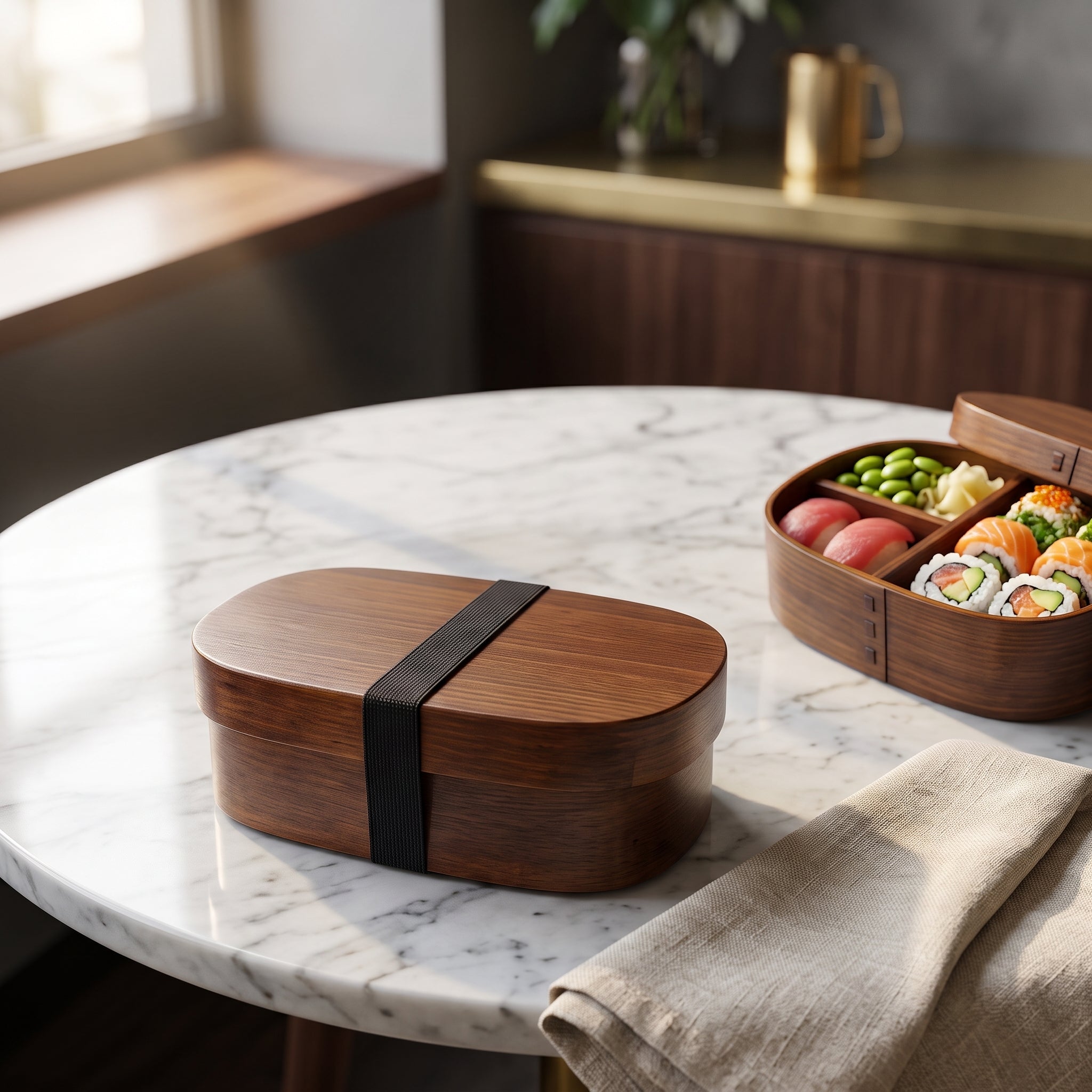 Lunch Box with Two Tiers Wooden Accessories - brown