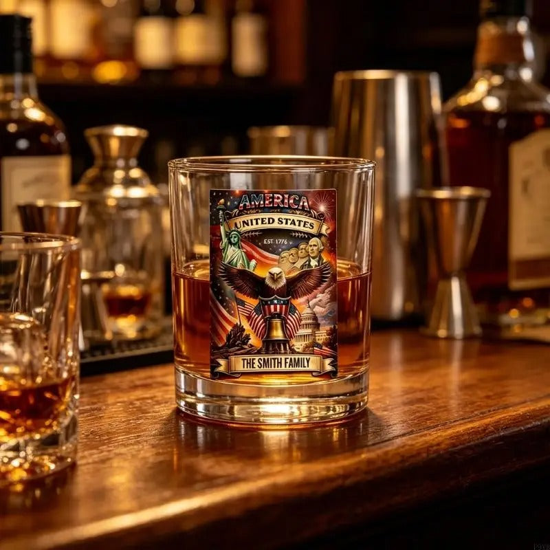 Whiskey glass rotating drinking tumbler with eagle design