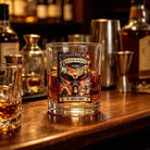 Whiskey glass rotating drinking tumbler with eagle design