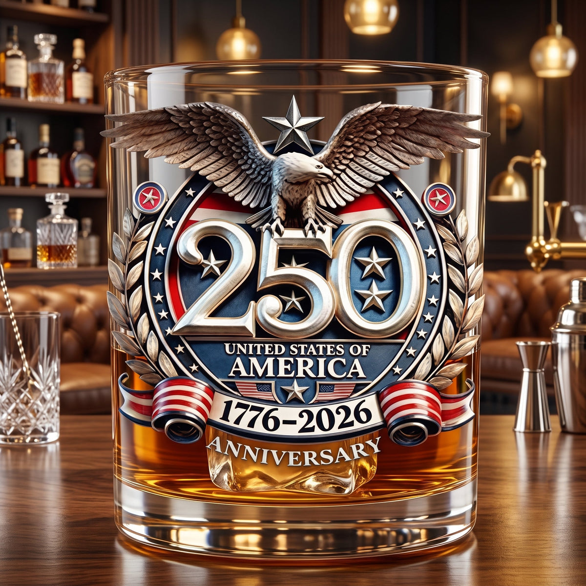 Whiskey glass rotating drinking tumbler with eagle design - blue black