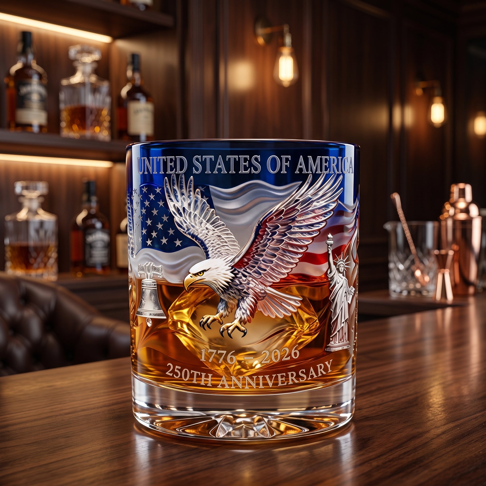 Whiskey glass rotating drinking tumbler with eagle design - white blue