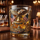 Whiskey glass rotating drinking tumbler with eagle design - black red