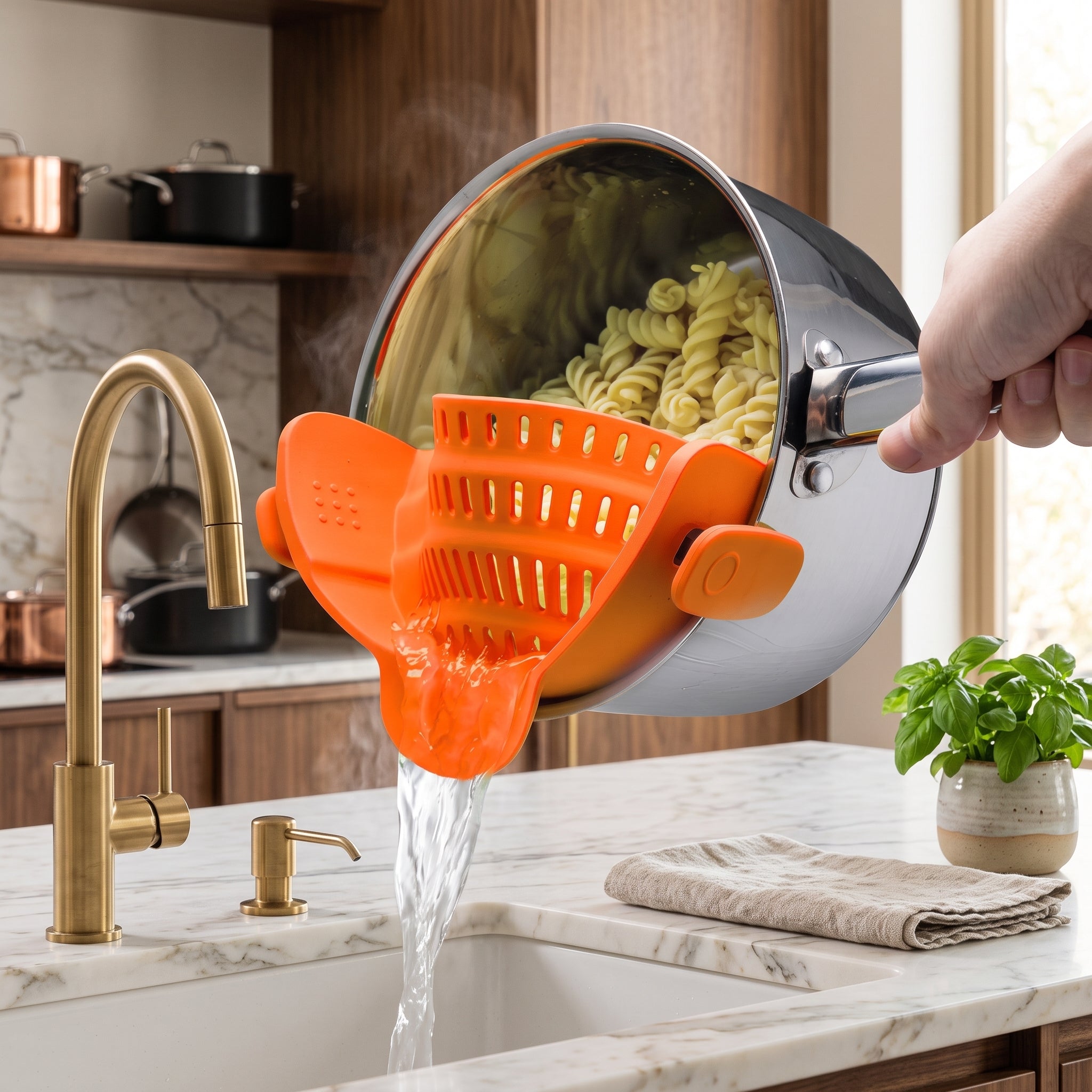 Pot strainer with adjustable clip on stainless steel - orange