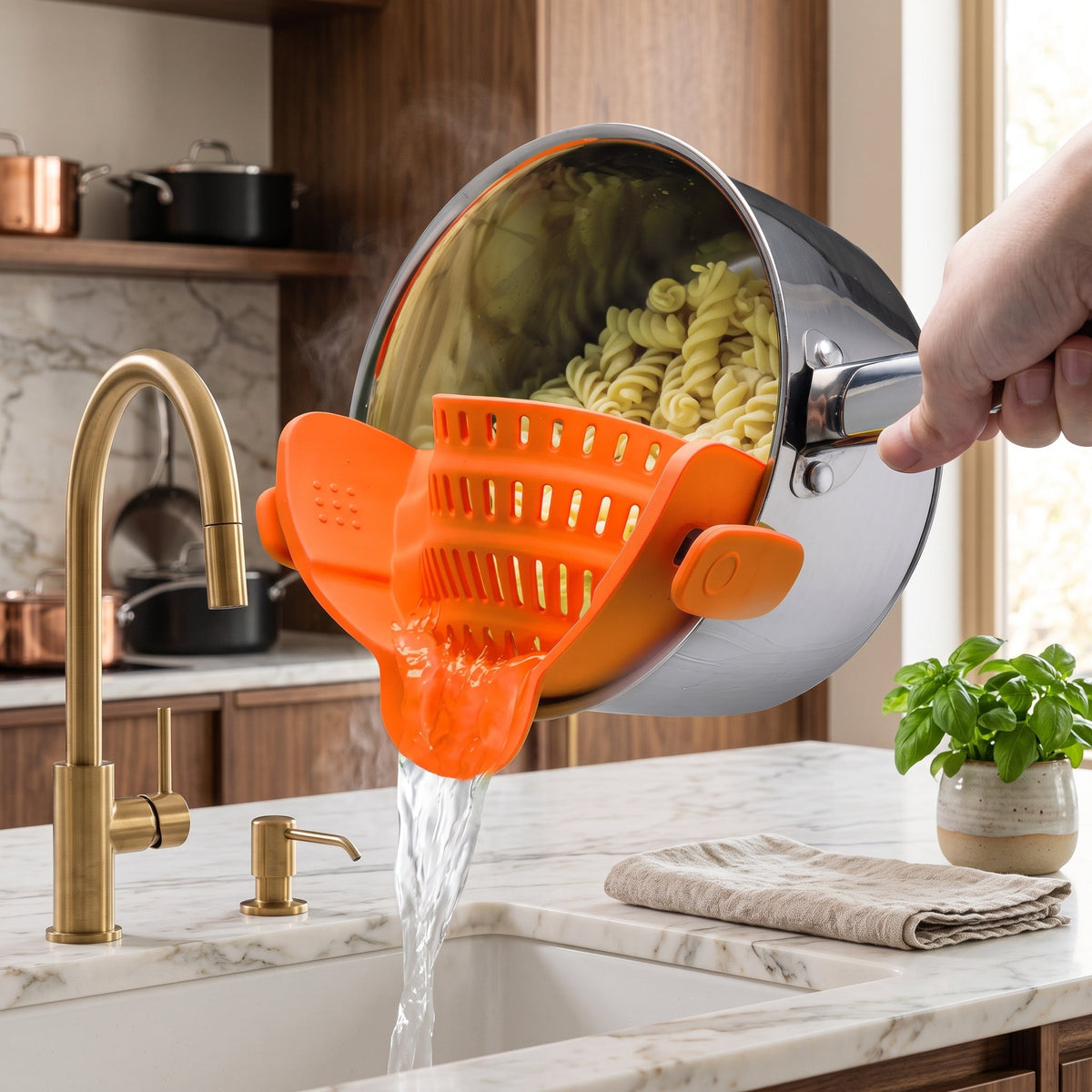 Pot strainer with adjustable clip on stainless steel - orange