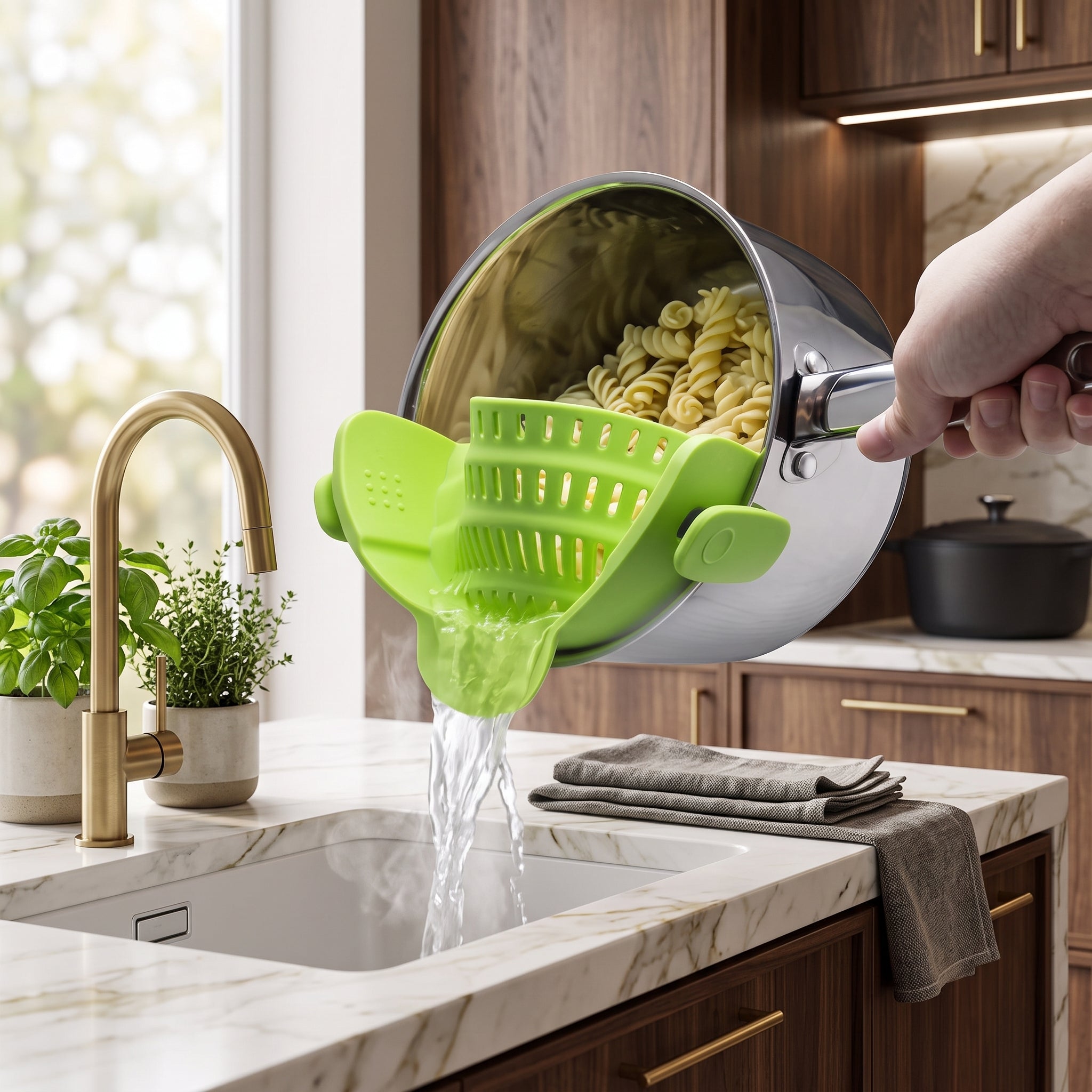 Pot strainer with adjustable clip on stainless steel - green