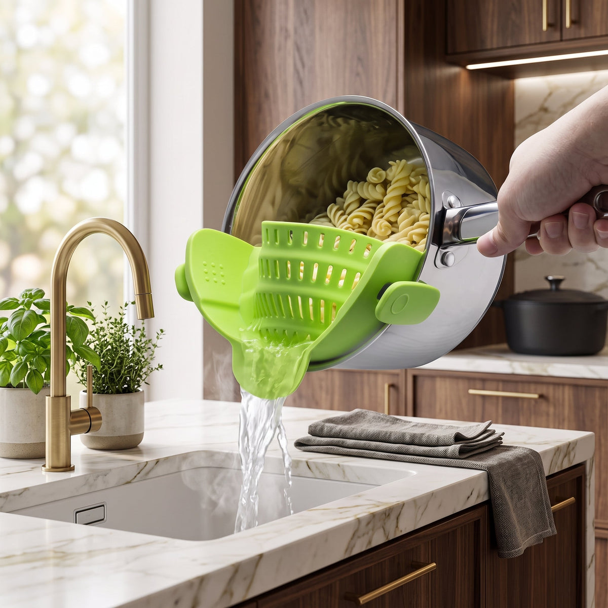 Pot strainer with adjustable clip on stainless steel - green