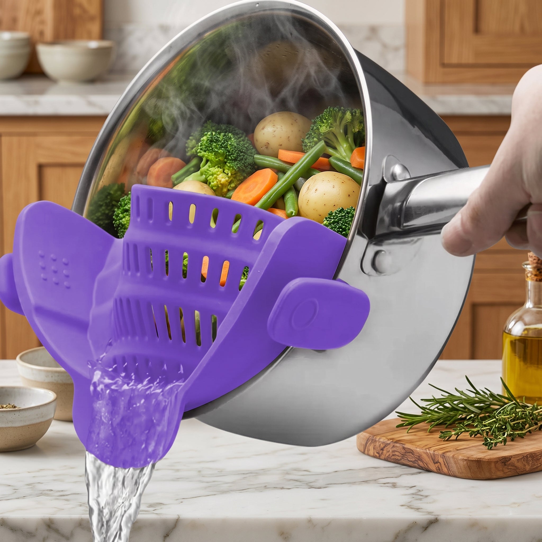 Pot strainer with adjustable clip on stainless steel