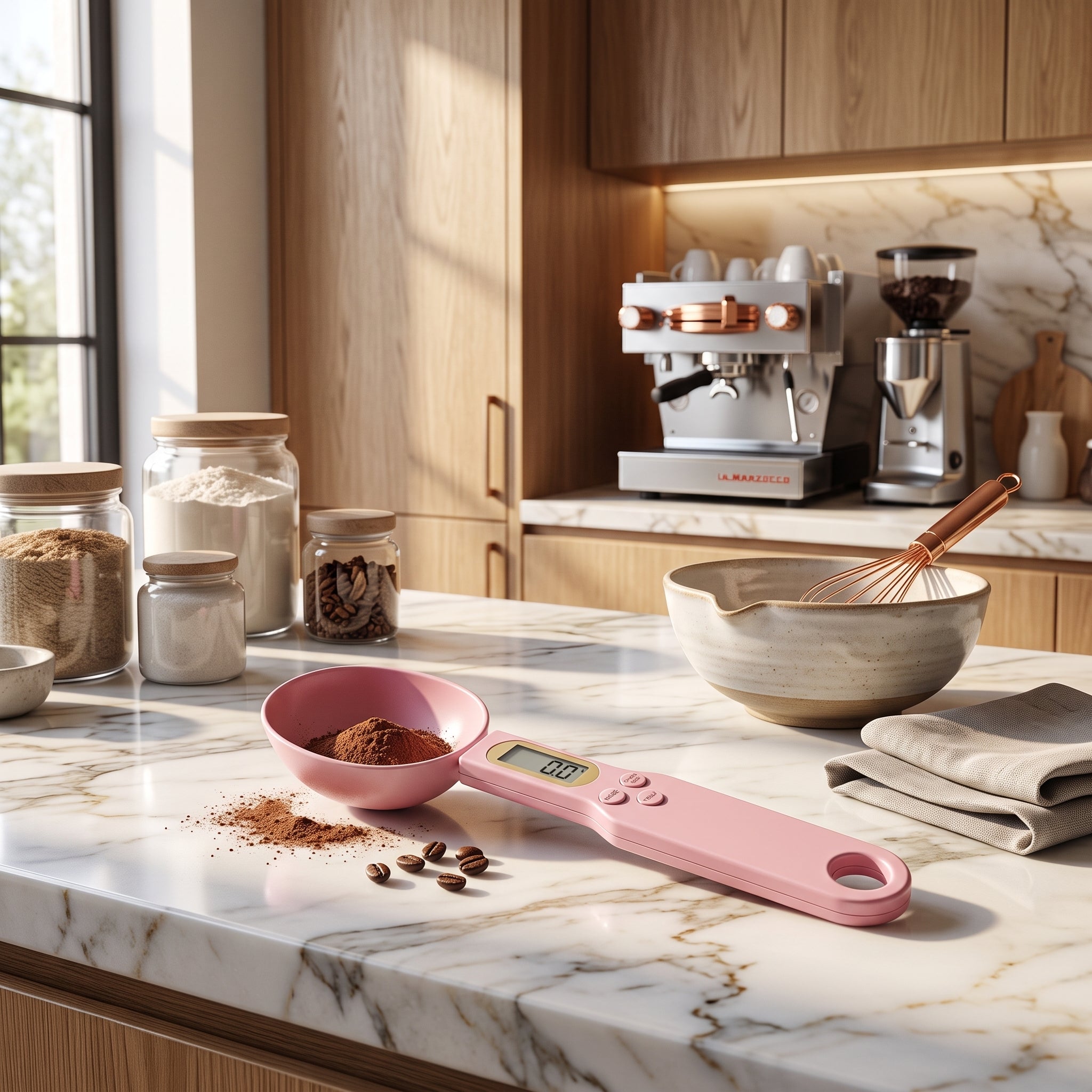 Digital LCD kitchen scale with measuring spoon - pink
