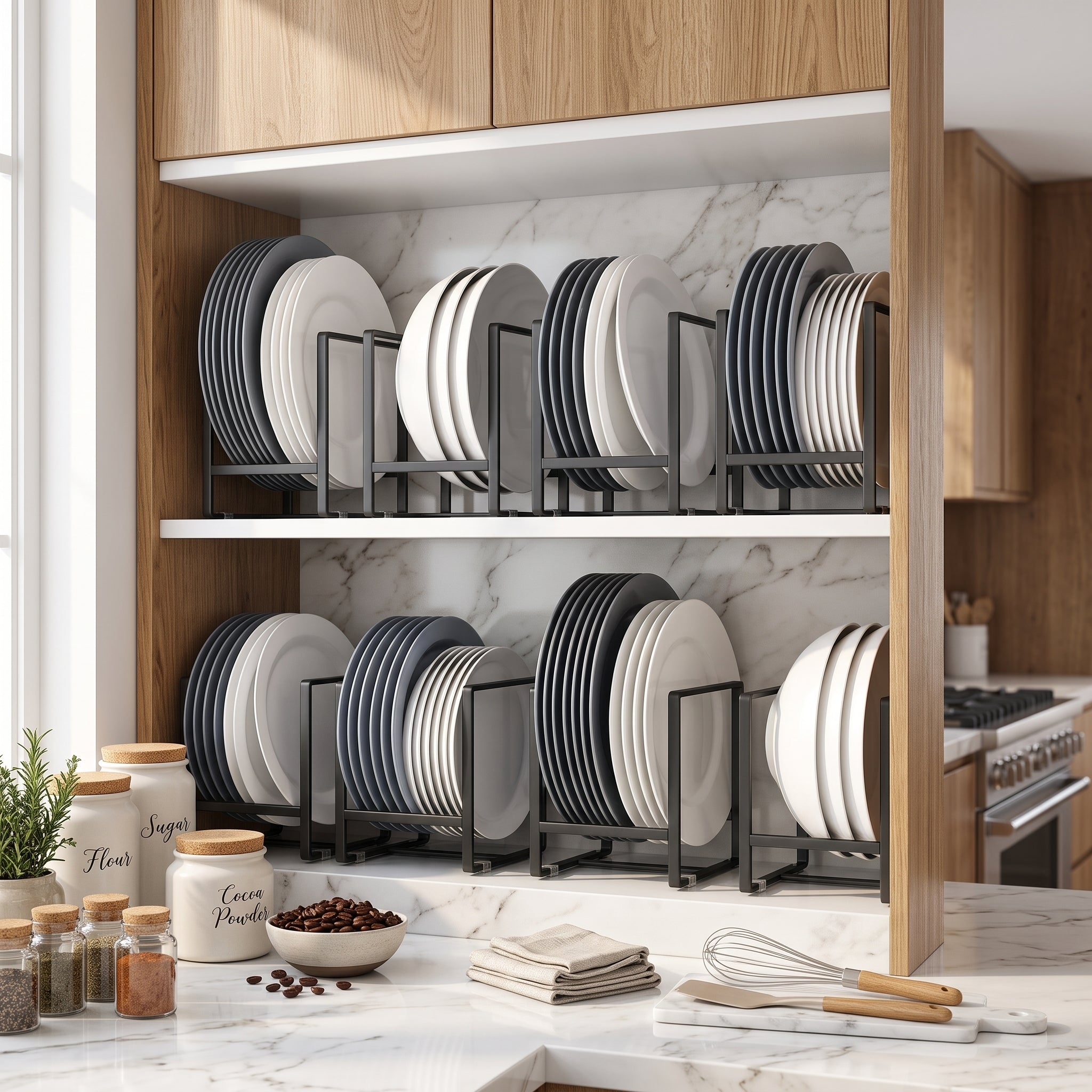 Multi tier metal plate storage rack organiser