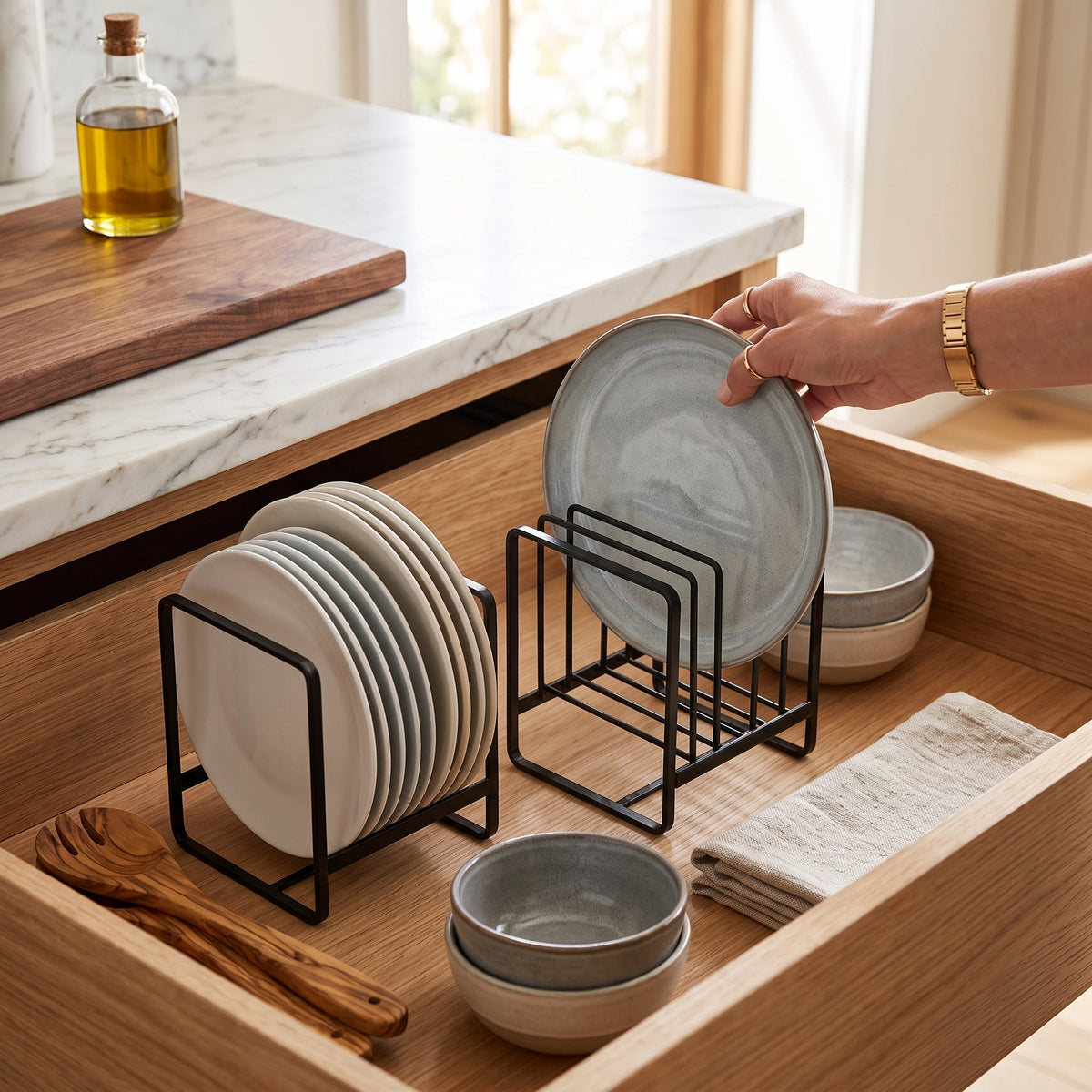 Multi tier metal plate storage rack organiser