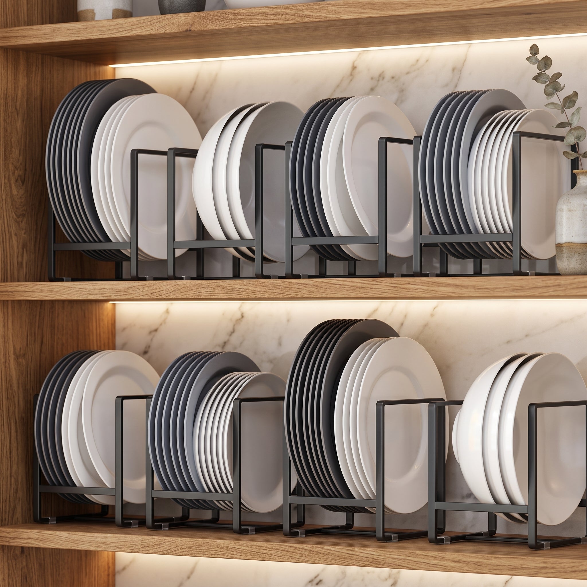 Multi tier metal plate storage rack organiser