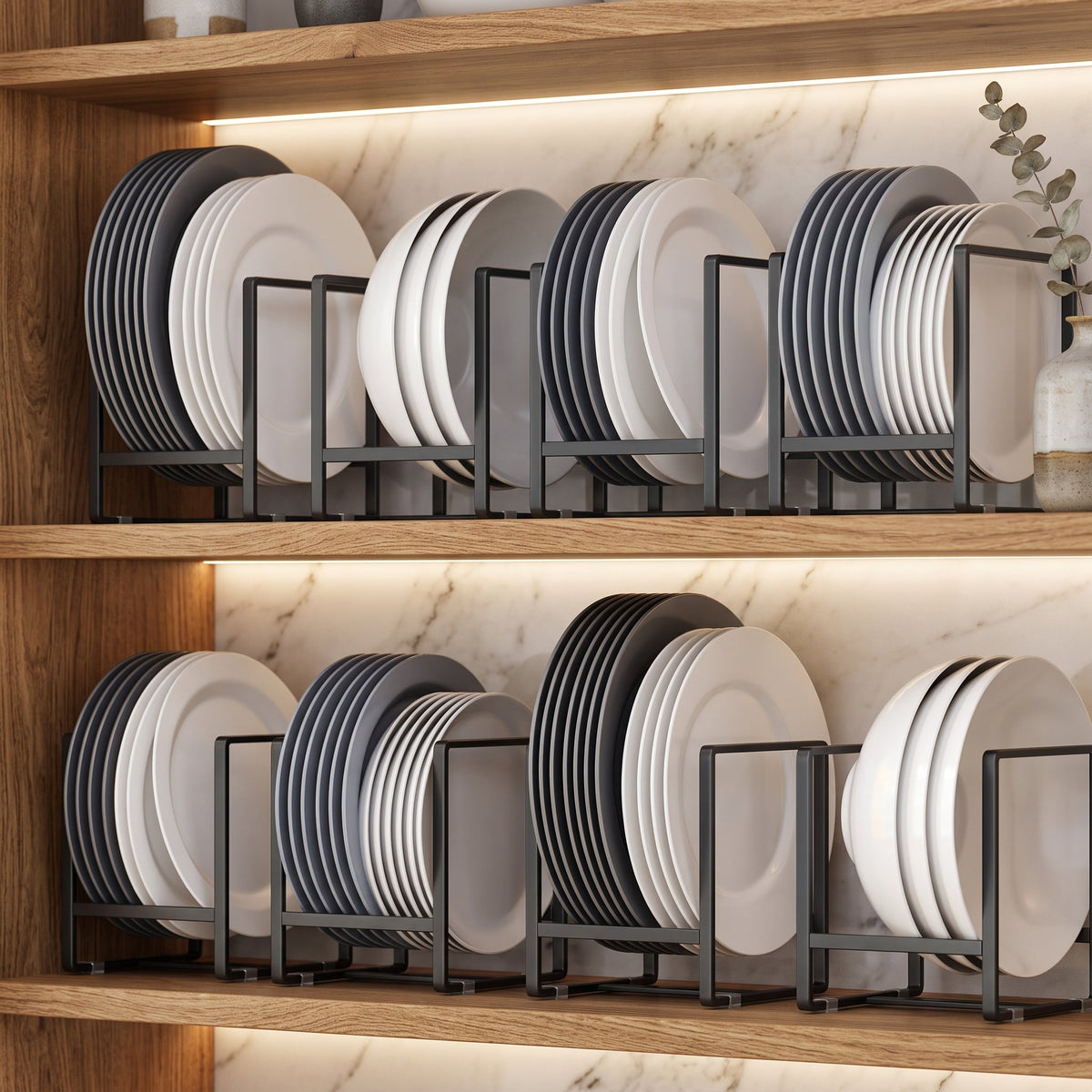 Multi tier metal plate storage rack organiser