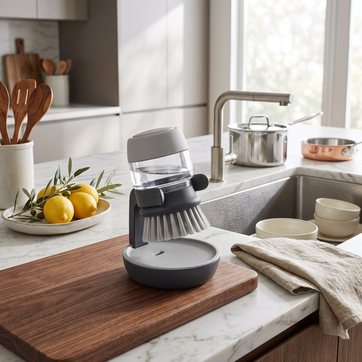 Dish scrub brush with soap dispenser - gray
