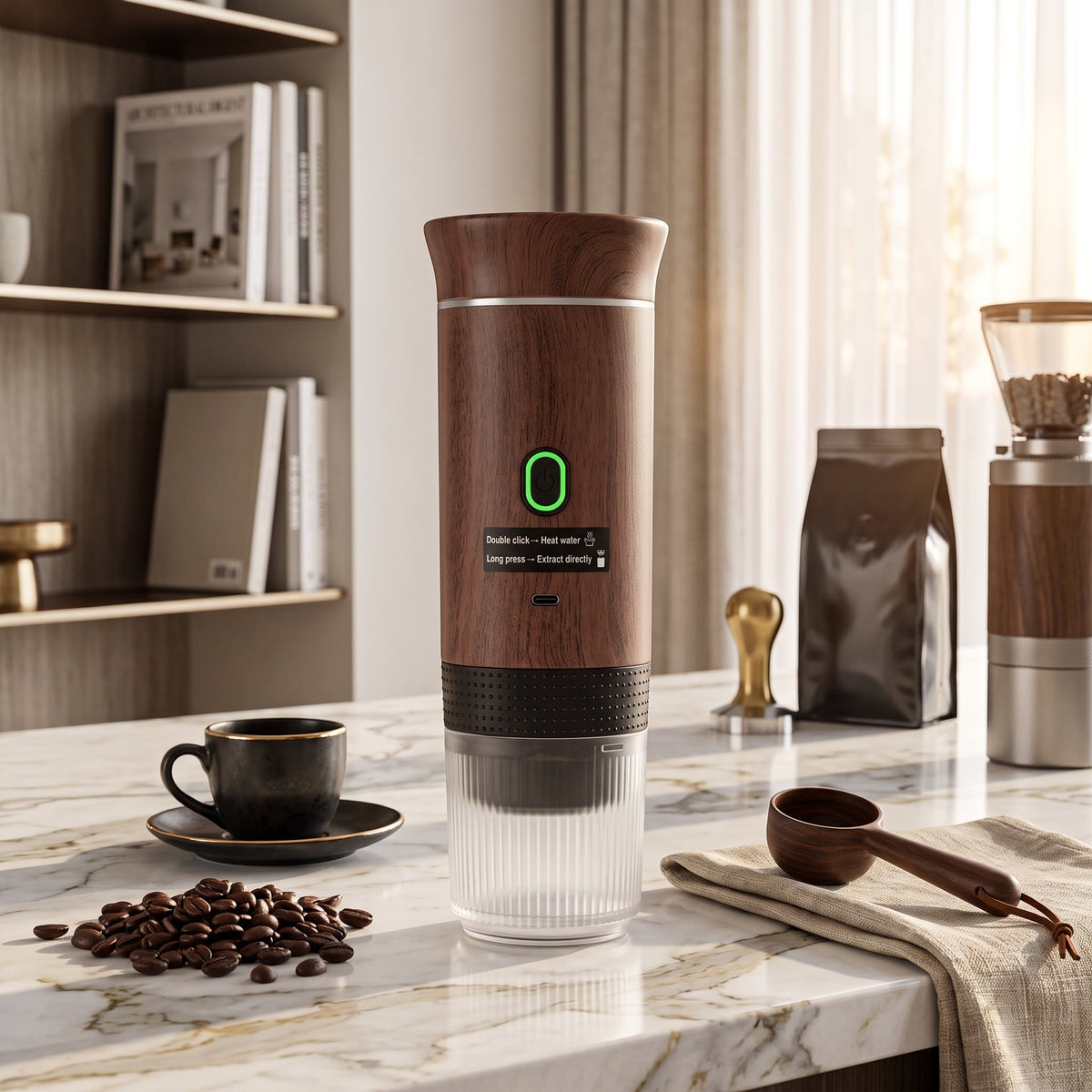 Espresso coffee maker machine with portable wireless design - dark wood