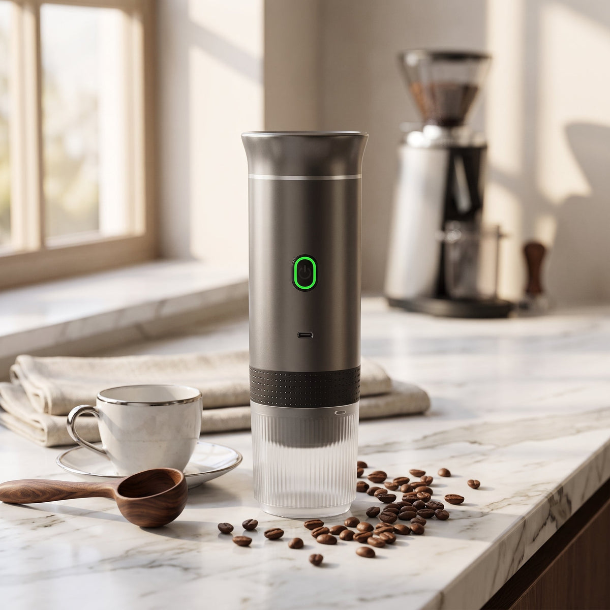 Espresso coffee maker machine with portable wireless design - metallic gray