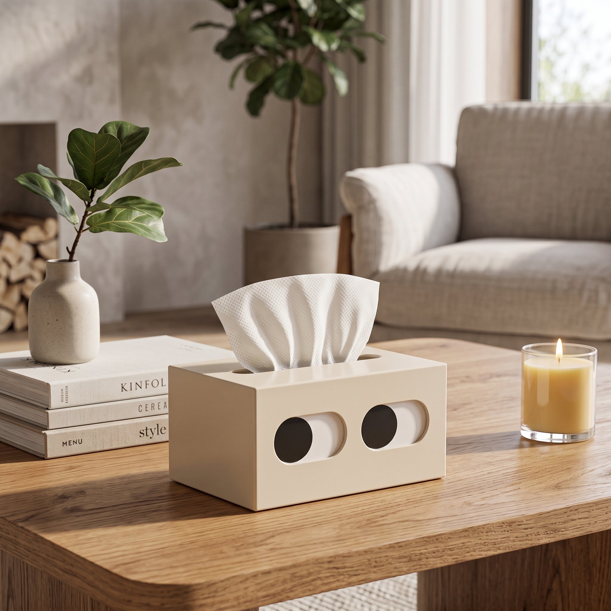 Freestanding tissue box holder case with minimalist design - white