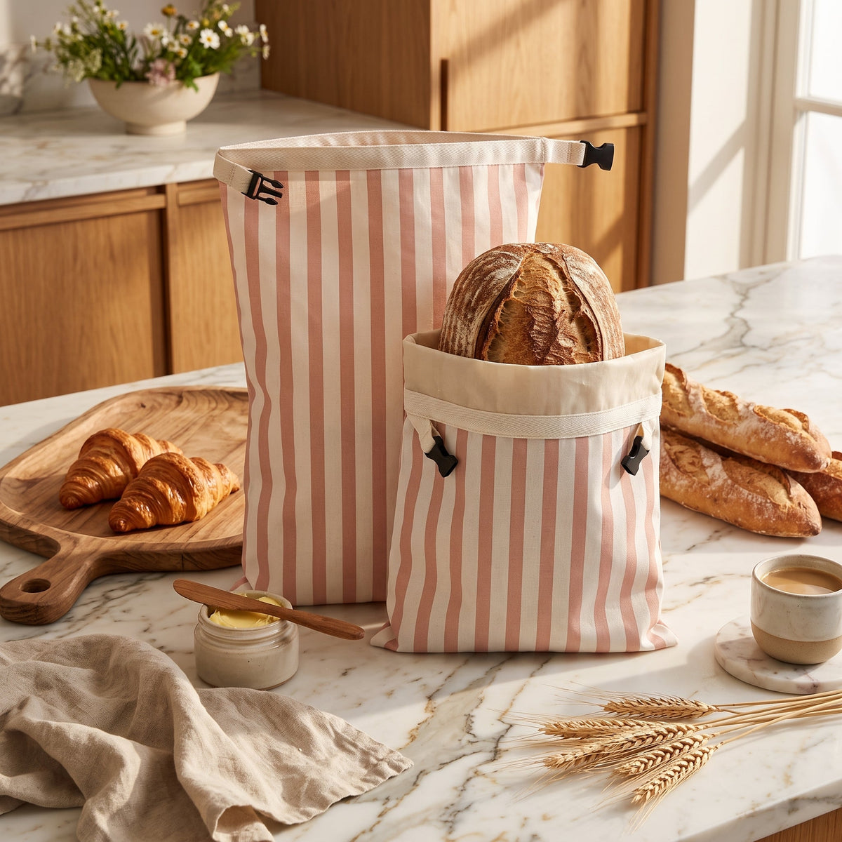 Bread storage bag with beeswax coating - pink large stripes