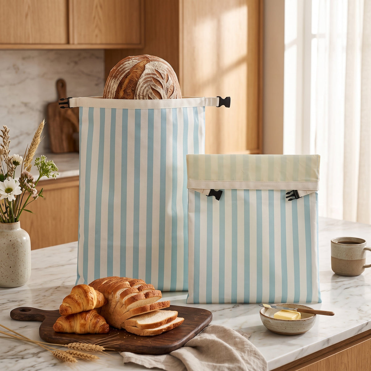 Bread storage bag with beeswax coating - blue large stripes