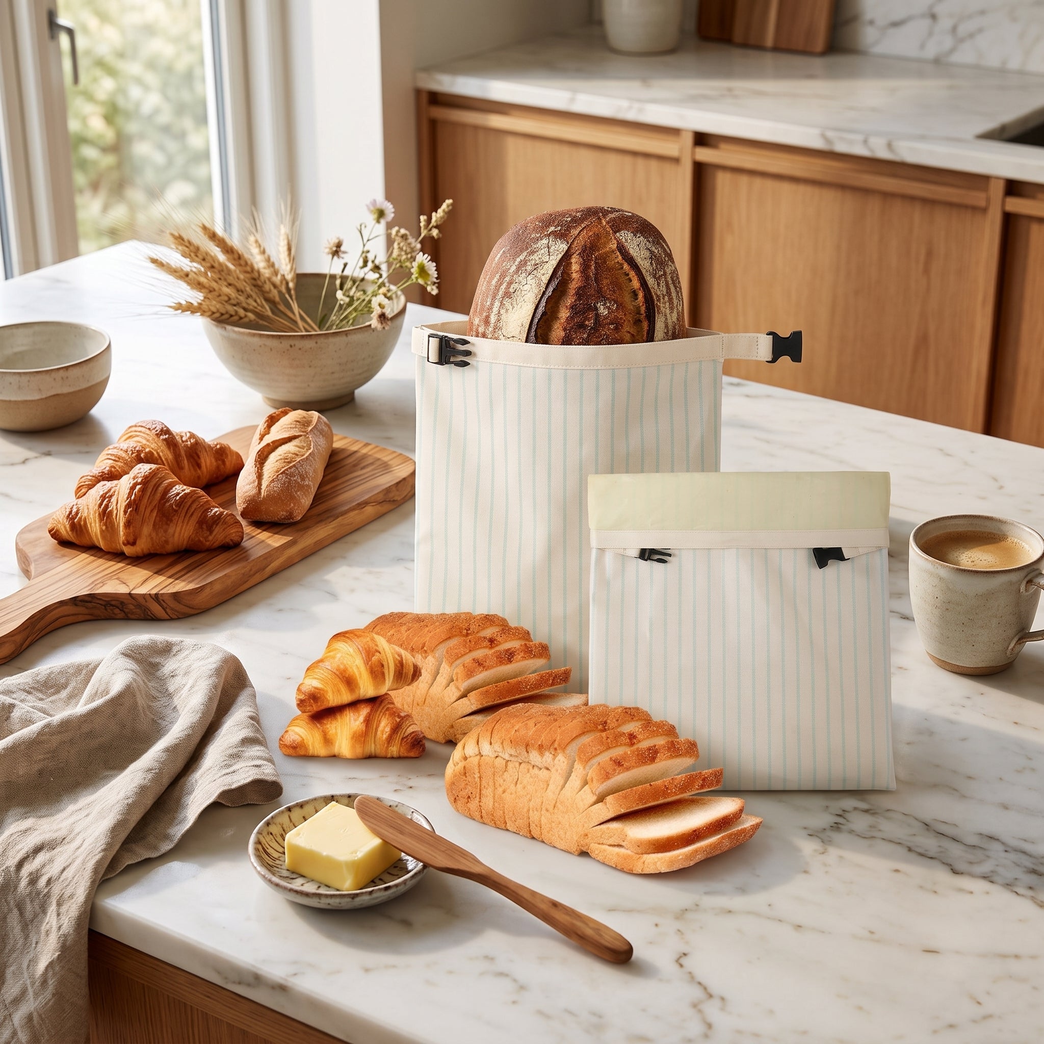 Bread storage bag with beeswax coating - blue small stripes