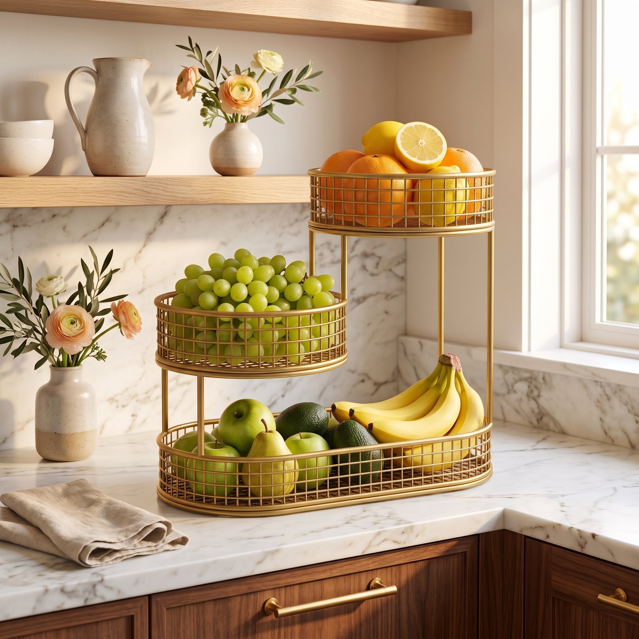 Multi tier stainless steel fruit storage basket - gold