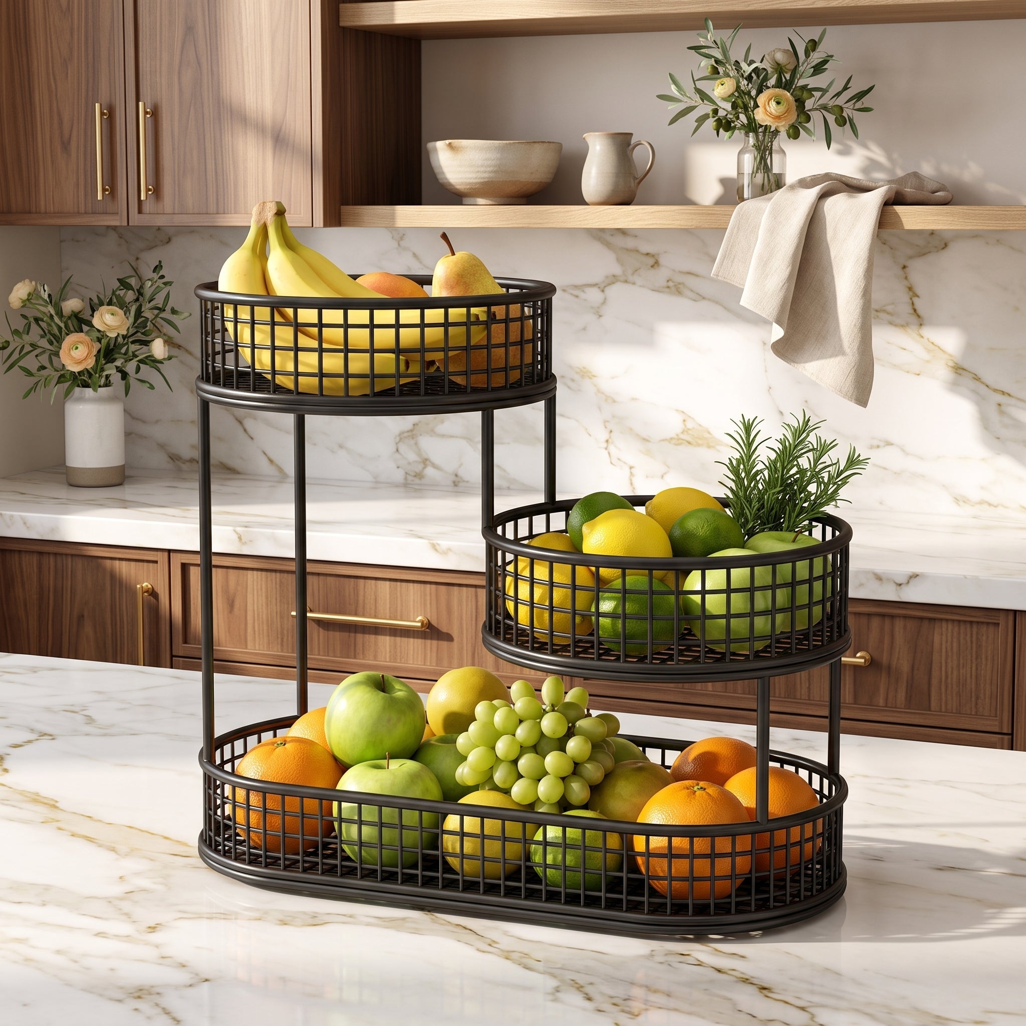 Multi tier stainless steel fruit storage basket - black