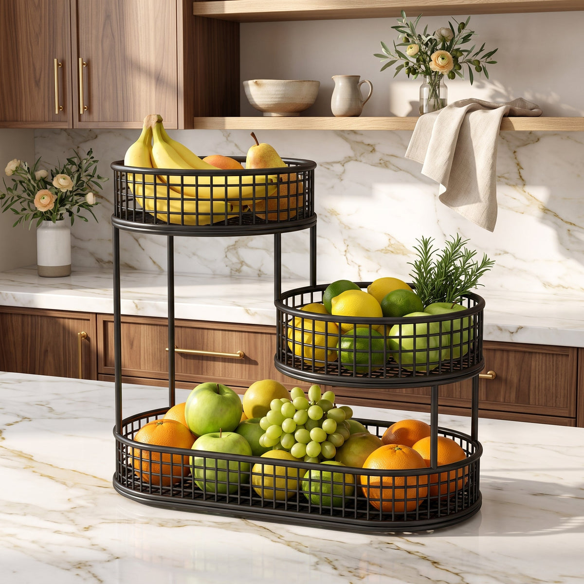 Multi tier stainless steel fruit storage basket - black