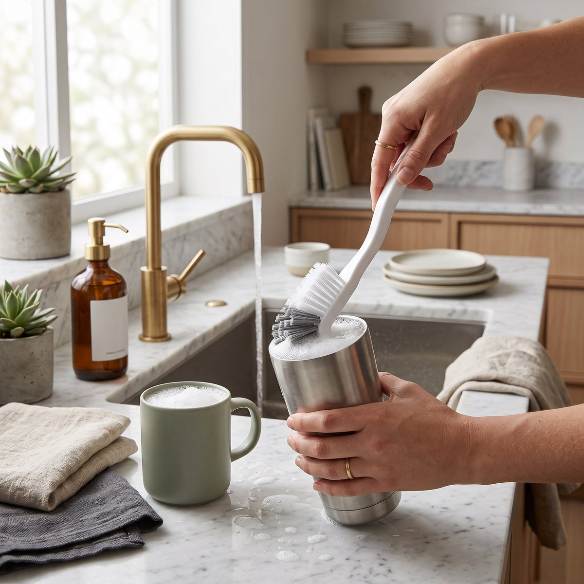 Long handle bottle cleaning brush with hook