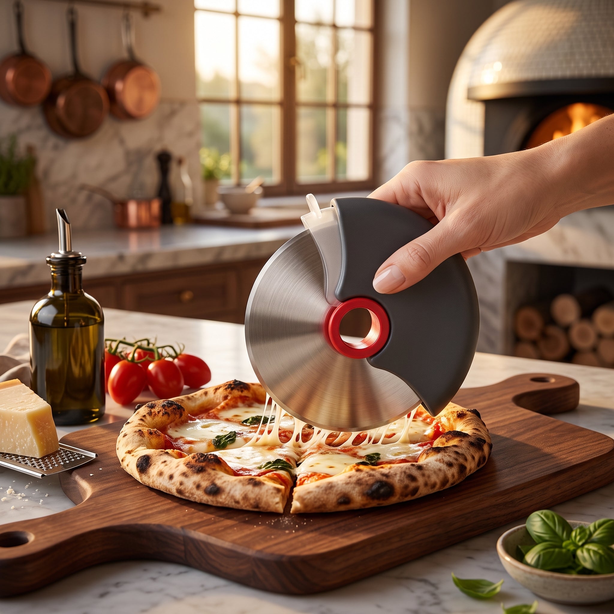 Rotary Pizza Cutter With Stainless Steel Safety Guard - red