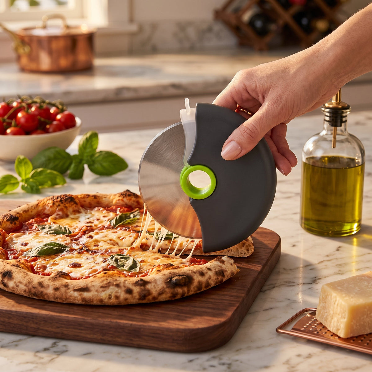 Rotary Pizza Cutter With Stainless Steel Safety Guard - green