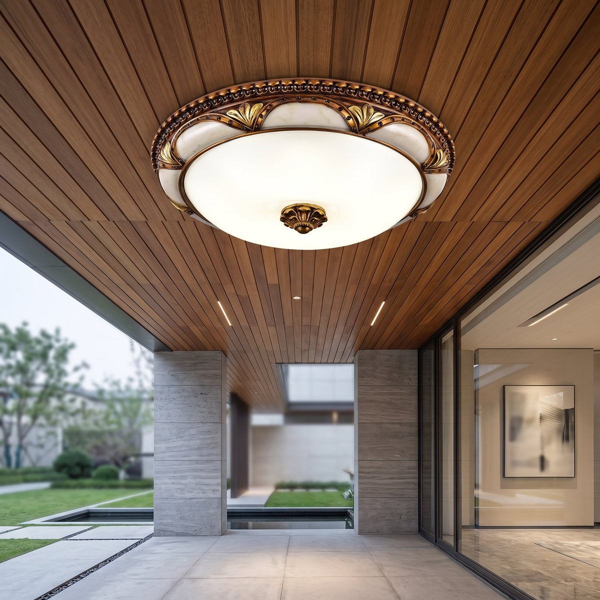 Flush mount ceiling light with round art deco design