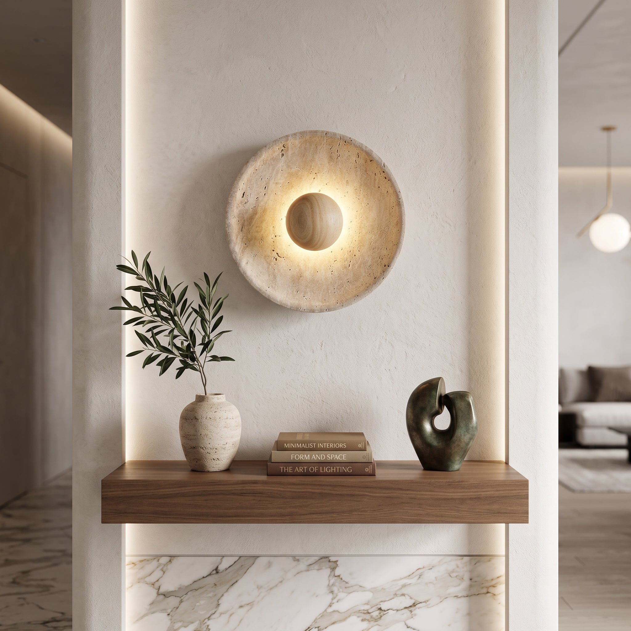 Wall sconce light with textured stone finish - wood