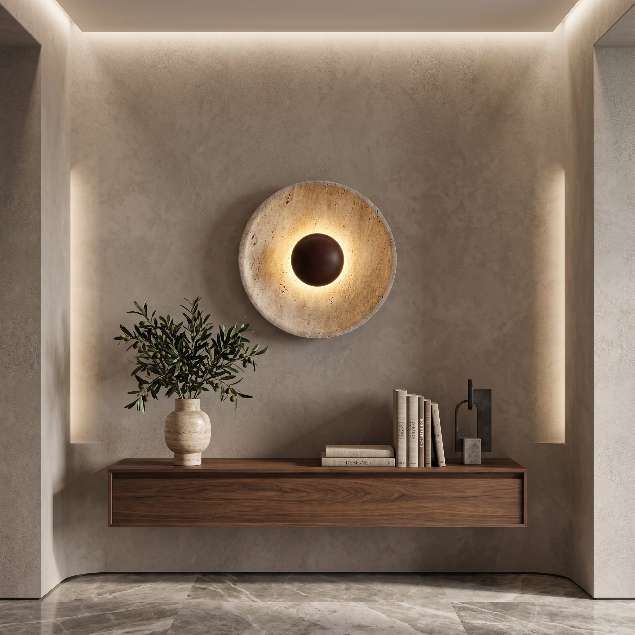Wall sconce light with textured stone finish - walnut